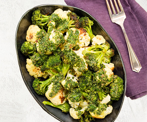 Charred Cauliflower and Broccoli with Herby Green Sauce